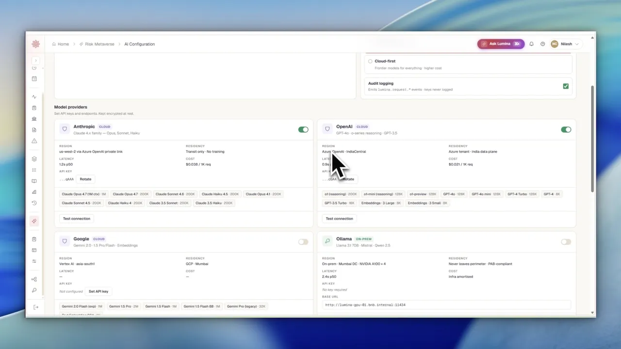 Screen recording of Sastrum's AI configuration. Model providers are listed with their regions, residency and keys, above a per-task routing table where each task is assigned a provider and model.