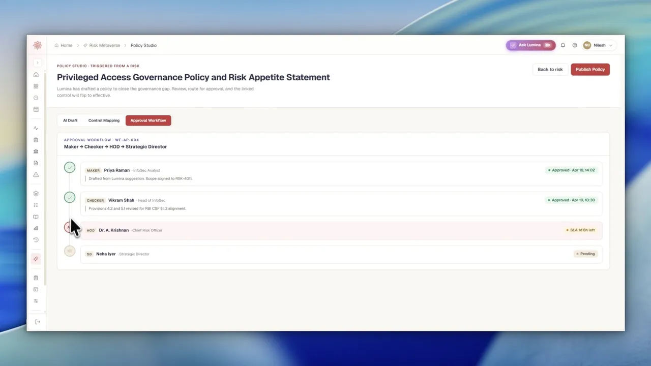 Screen recording of Sastrum's Policy Studio. The control mapping tab lists the controls the policy governs with their framework references, then the approval workflow tab shows a four-stage review chain with its recorded decisions and outstanding stages.