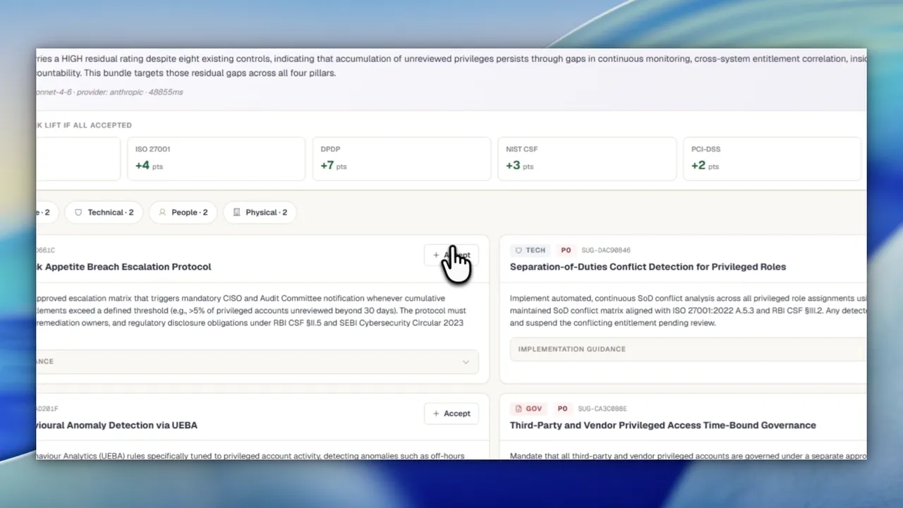 Screen recording of Sastrum's AI Suggest Controls. Lumina's reasoning for a risk is displayed above a set of suggested controls grouped by pillar, and the suggestions are accepted one at a time.