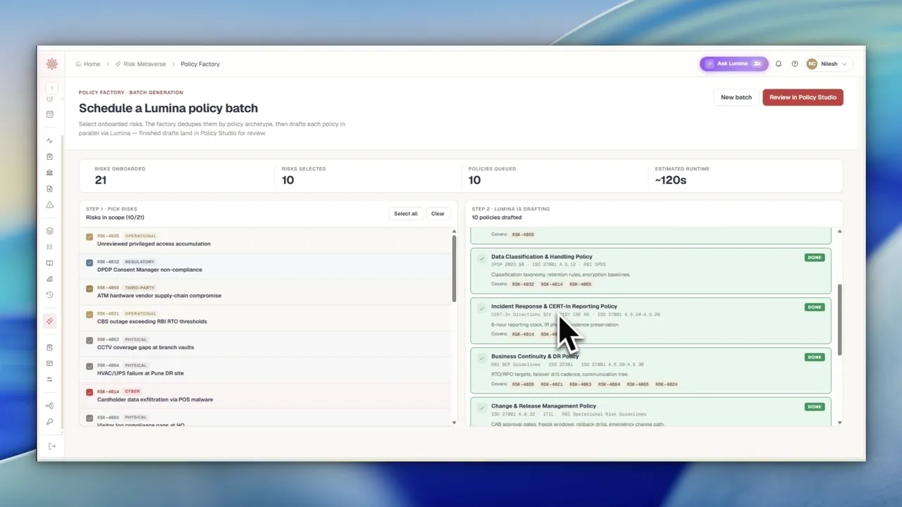 Screen recording of Sastrum's Policy Factory. Ten selected risks are queued as policy drafts. Each draft is marked drafting and then done in turn, until all ten are drafted and waiting in Policy Studio for review.