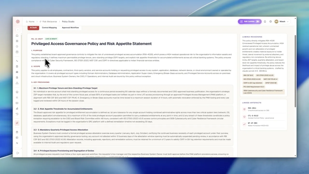 Screen recording of Sastrum's Policy Studio. A policy is drafted from a risk and its gap control, and the completed draft is shown with numbered provisions, linked artefacts and framework references alongside.