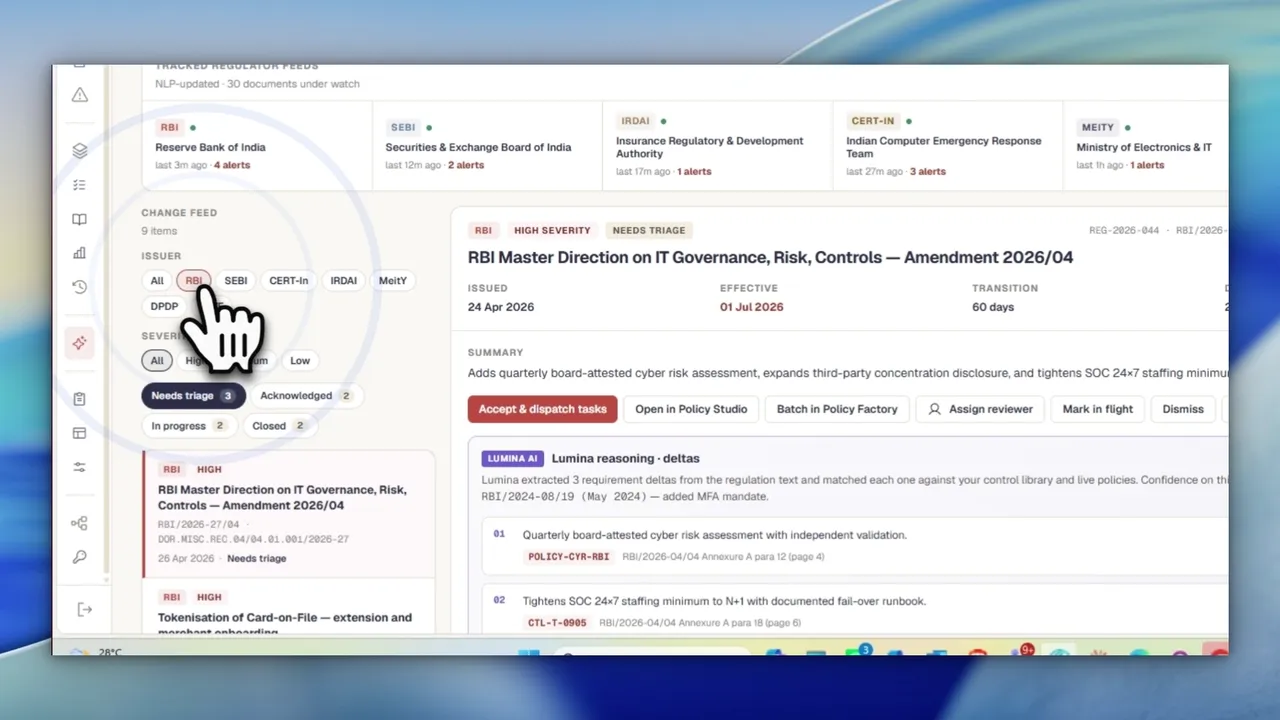 Screen recording of Sastrum's regulatory watch. Tracked regulator feeds are listed with their recent alerts, and one change opens to show the requirement deltas extracted from it alongside the policies and controls it affects.