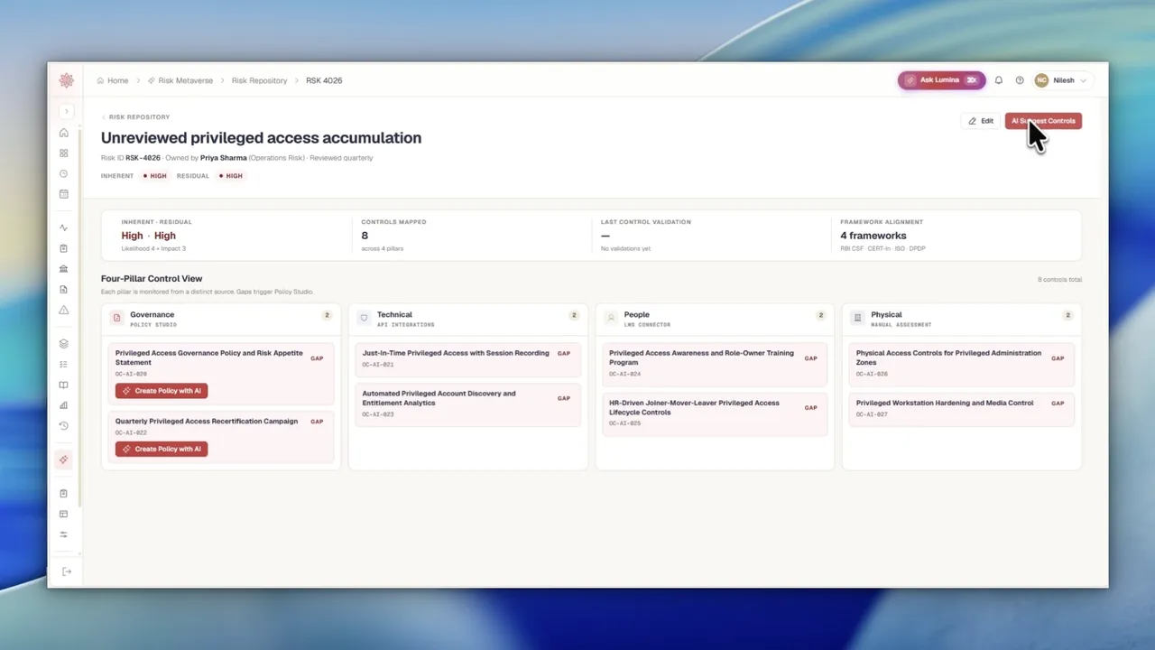 Screen recording of Sastrum's Risk Repository. A grid of onboarded risks is shown, then one risk opens to a four-pillar control view where each pillar lists its controls and the gaps are badged.